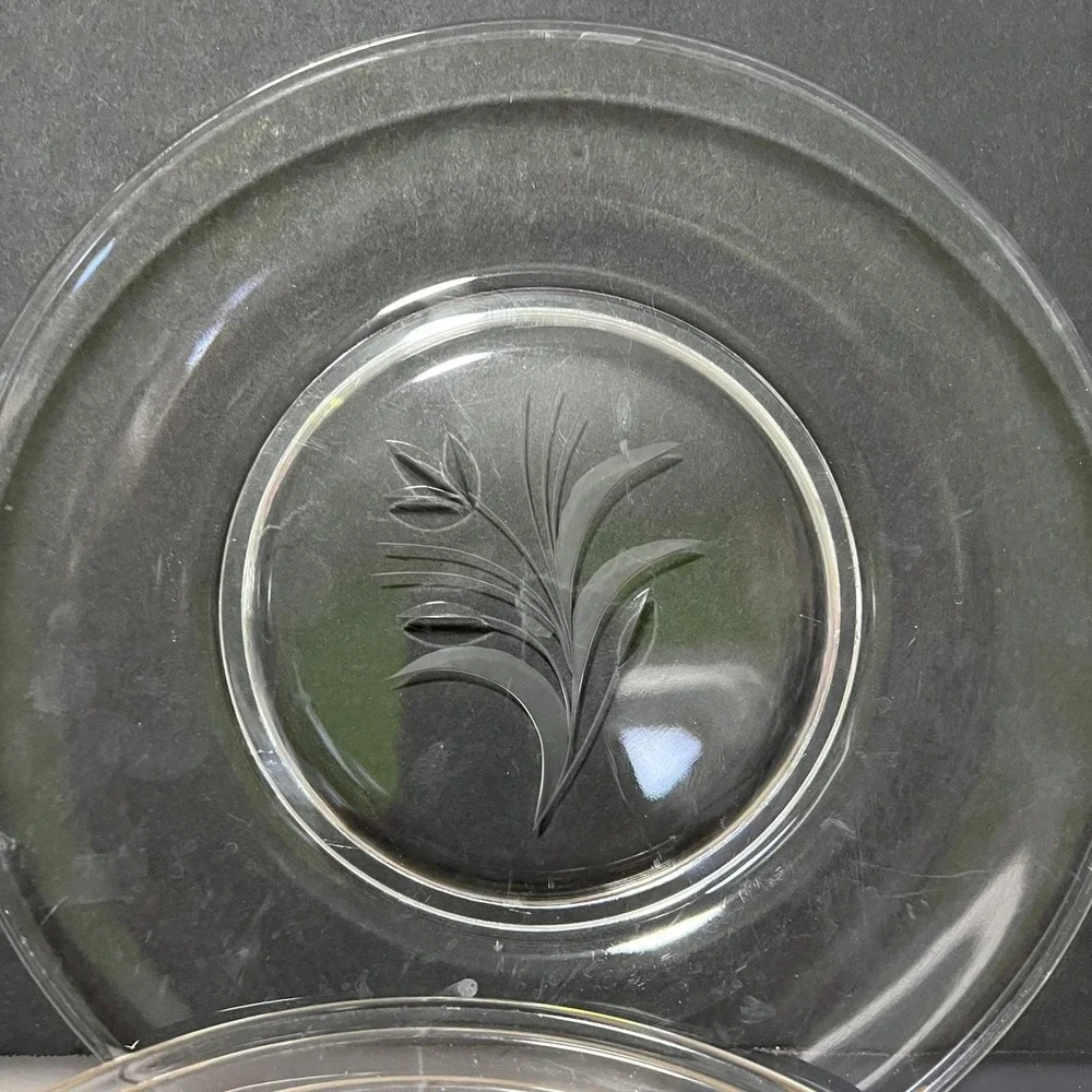Vintage Clear Glass Saucers Etched Floral Set‎ of 4 8.5 in Americana botanical